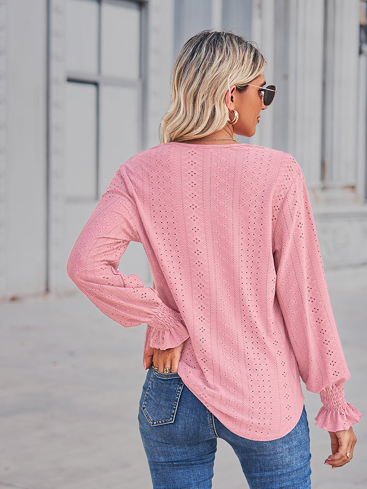V-Neck Eyelet Flounce Sleeve Blouse BLUE ZONE PLANET