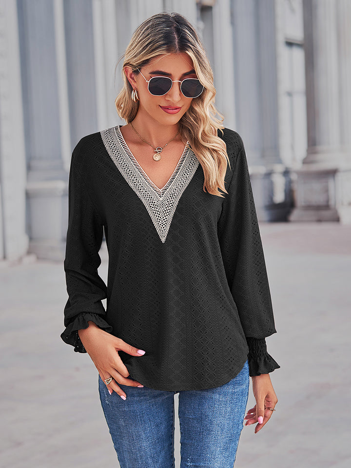 V-Neck Eyelet Flounce Sleeve Blouse BLUE ZONE PLANET