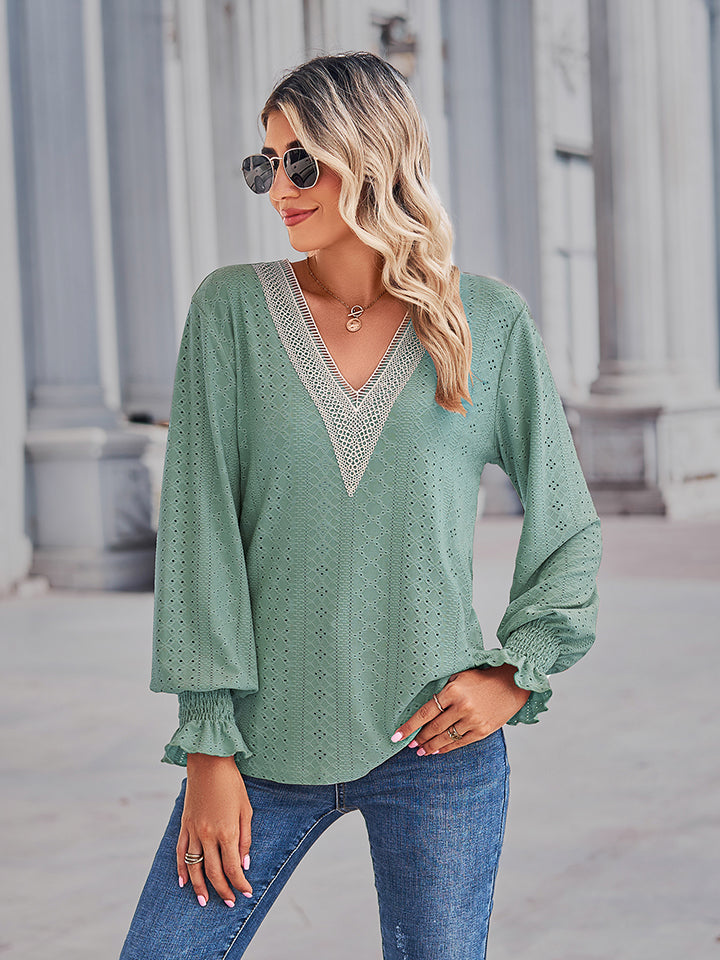 V-Neck Eyelet Flounce Sleeve Blouse BLUE ZONE PLANET