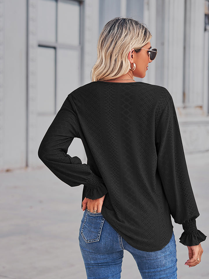 V-Neck Eyelet Flounce Sleeve Blouse BLUE ZONE PLANET