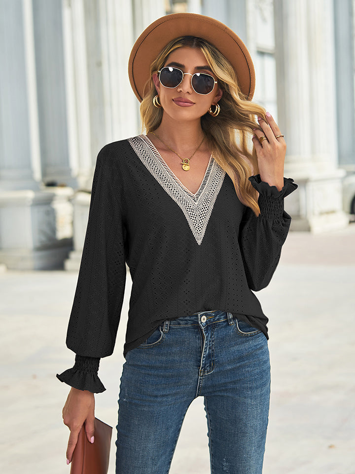 V-Neck Eyelet Flounce Sleeve Blouse BLUE ZONE PLANET