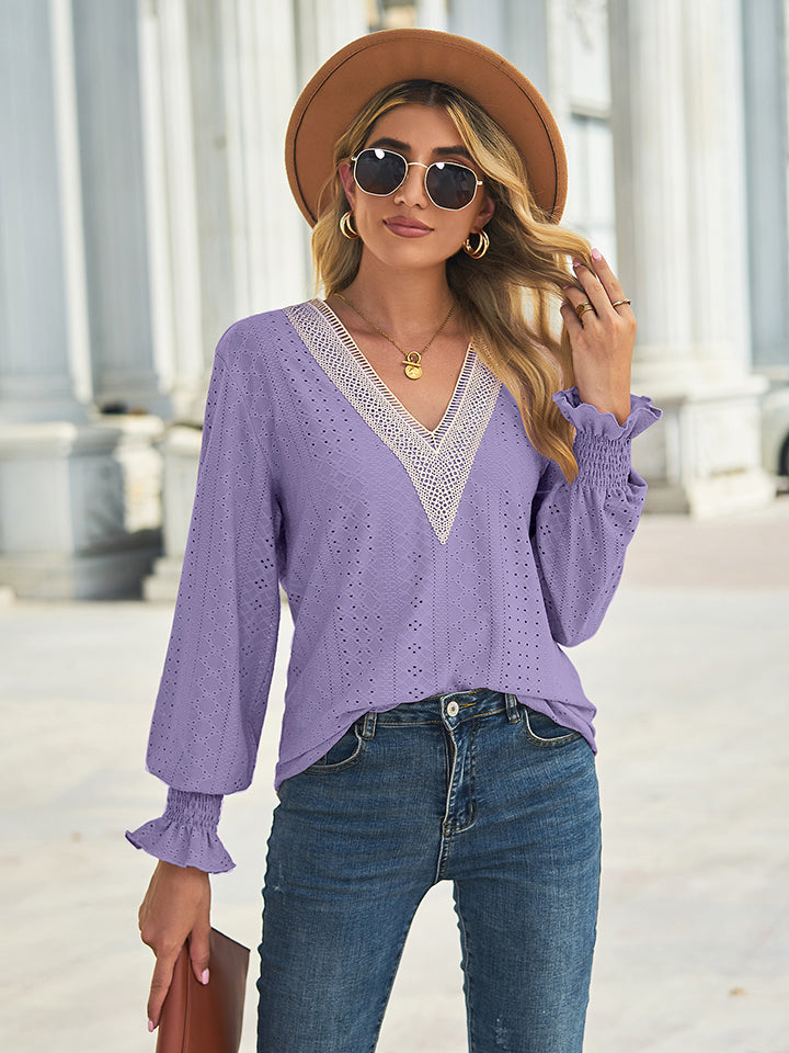 V-Neck Eyelet Flounce Sleeve Blouse BLUE ZONE PLANET