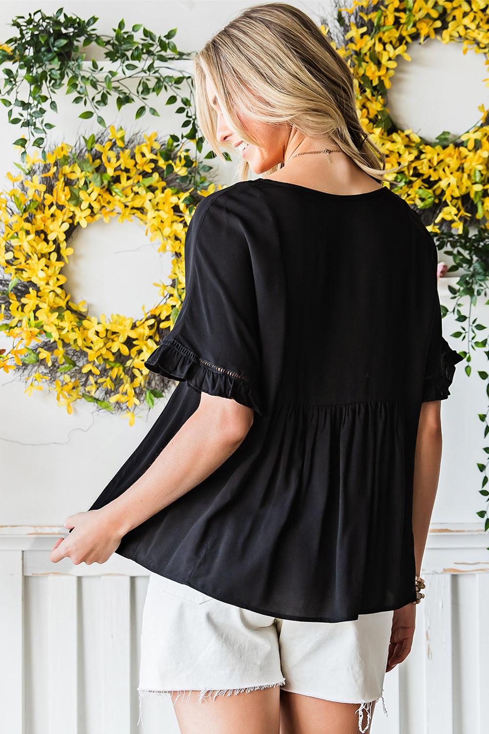 V-Neck Flounce Sleeve Babydoll Blouse BLUE ZONE PLANET
