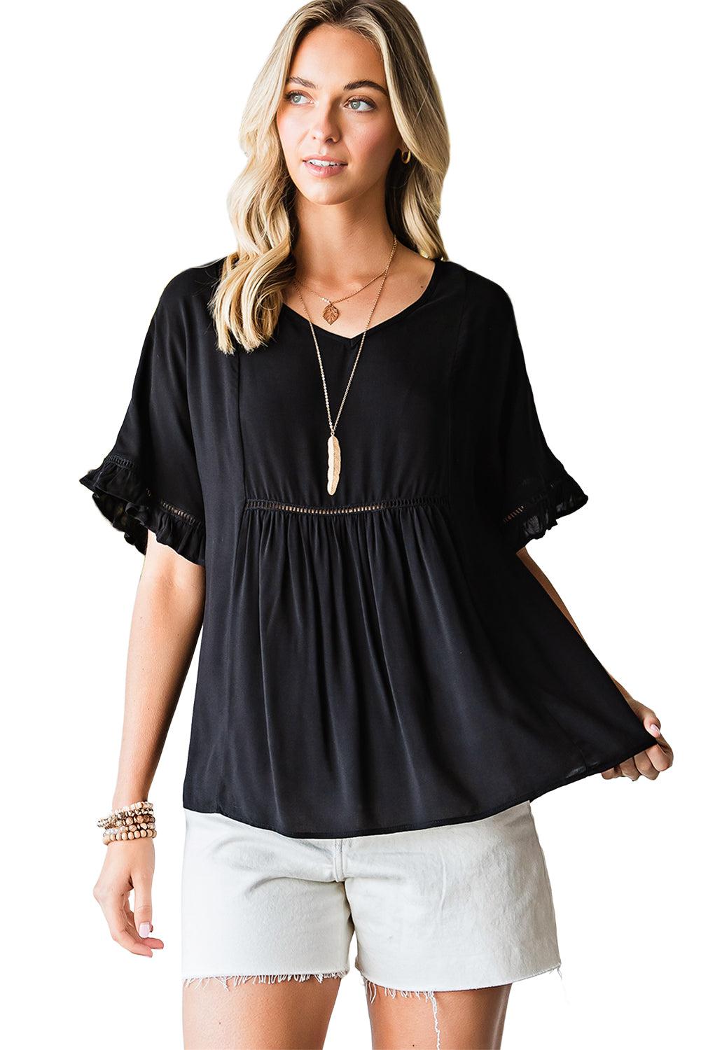 V-Neck Flounce Sleeve Babydoll Blouse BLUE ZONE PLANET