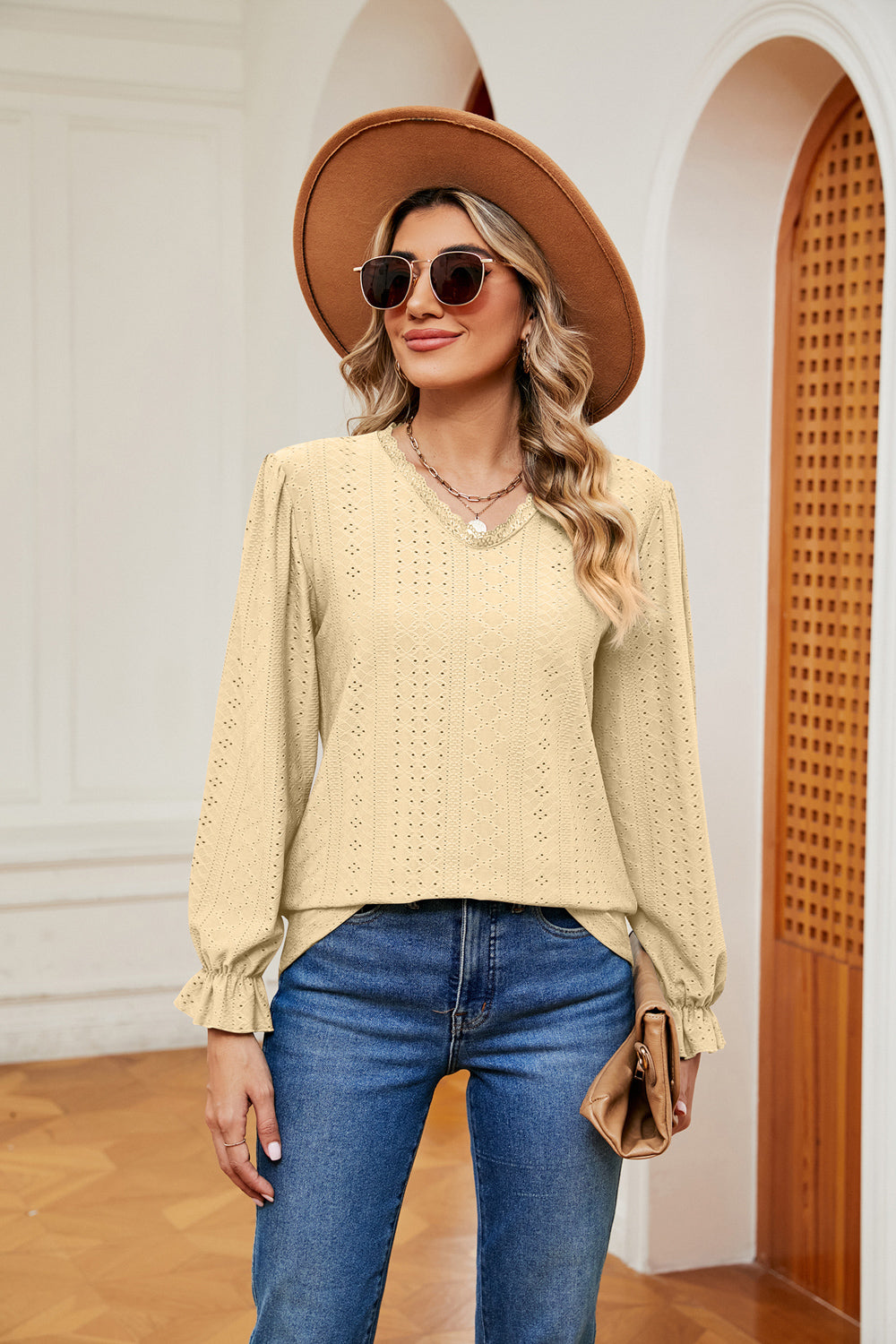 V-Neck Flounce Sleeve Blouse BLUE ZONE PLANET