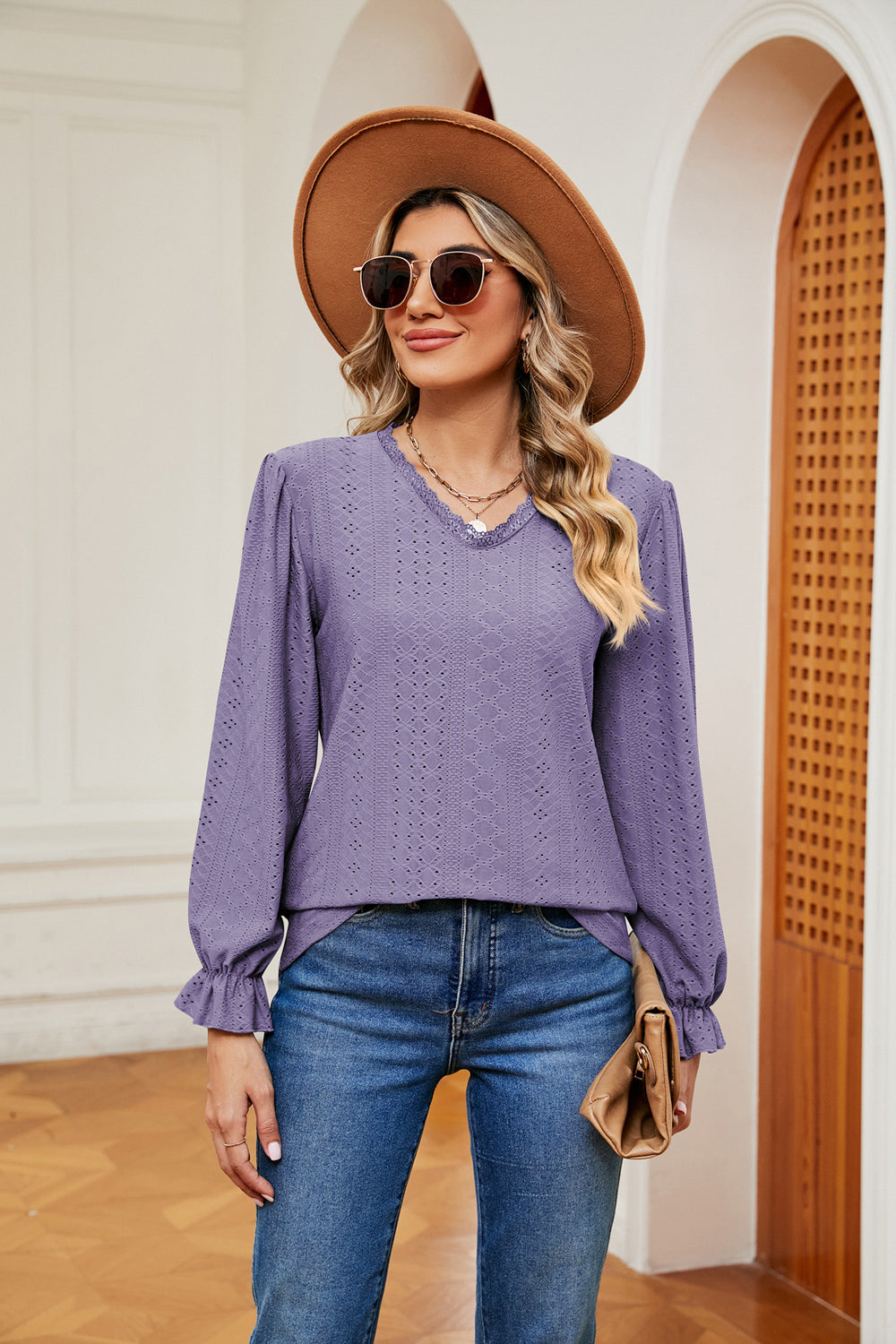 V-Neck Flounce Sleeve Blouse BLUE ZONE PLANET