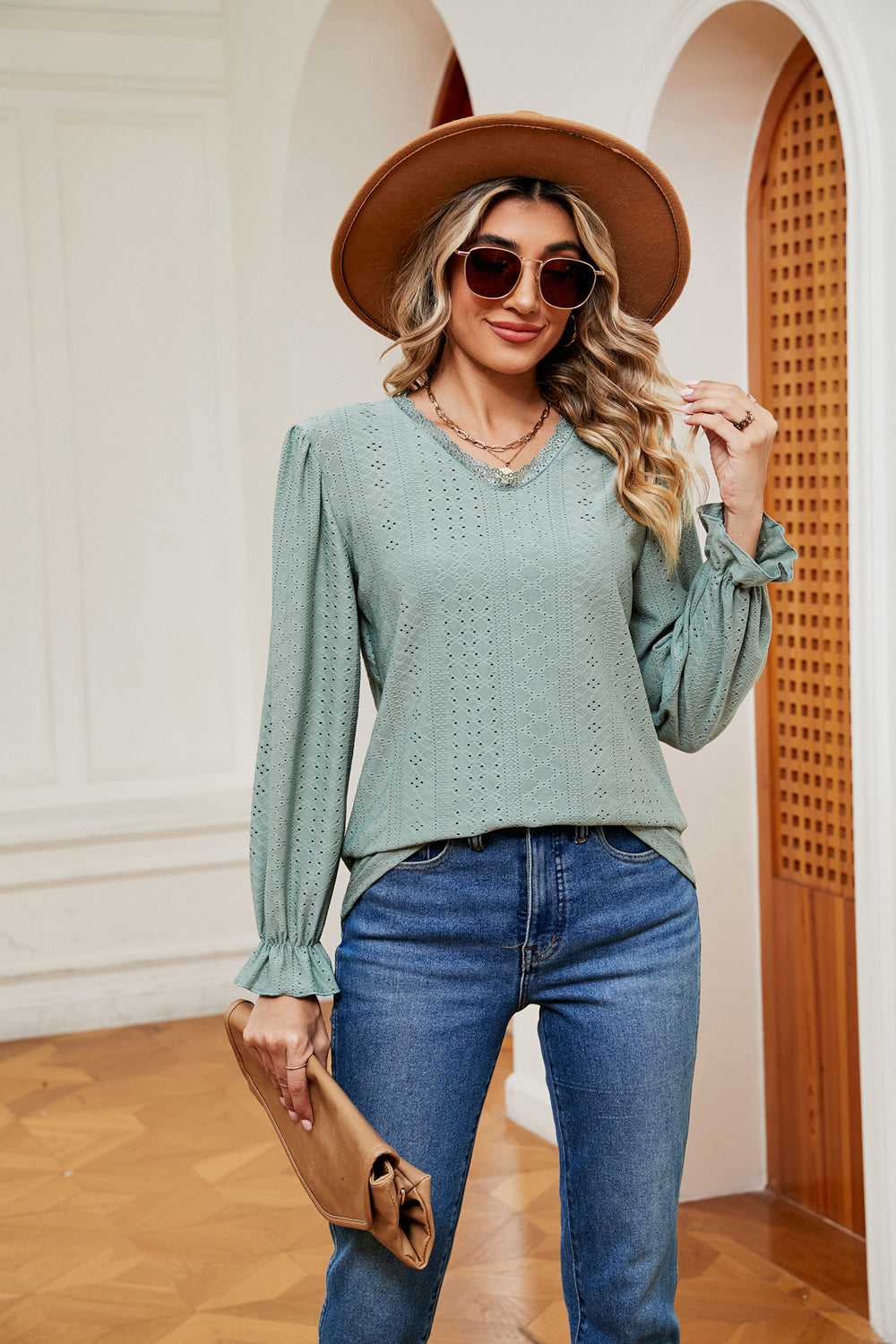 V-Neck Flounce Sleeve Blouse BLUE ZONE PLANET