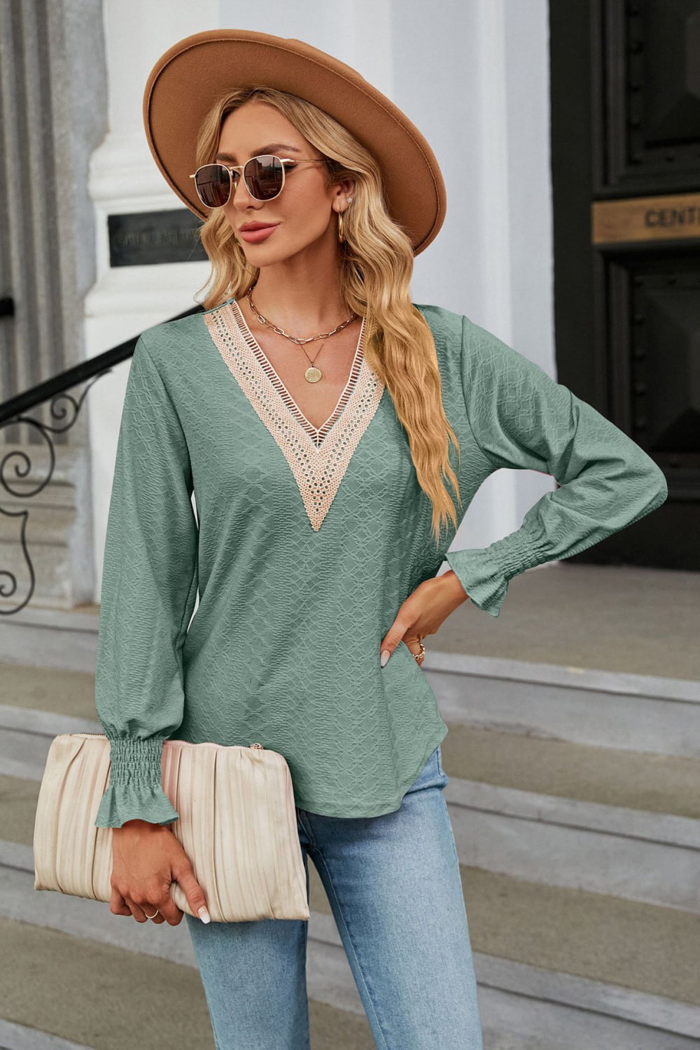 V-Neck Flounce Sleeve Blouse BLUE ZONE PLANET