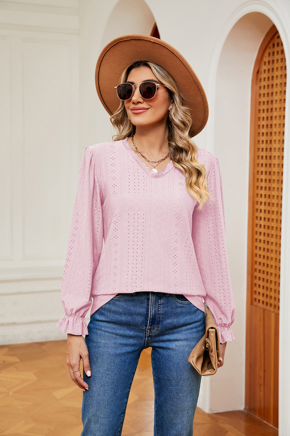 V-Neck Flounce Sleeve Blouse BLUE ZONE PLANET