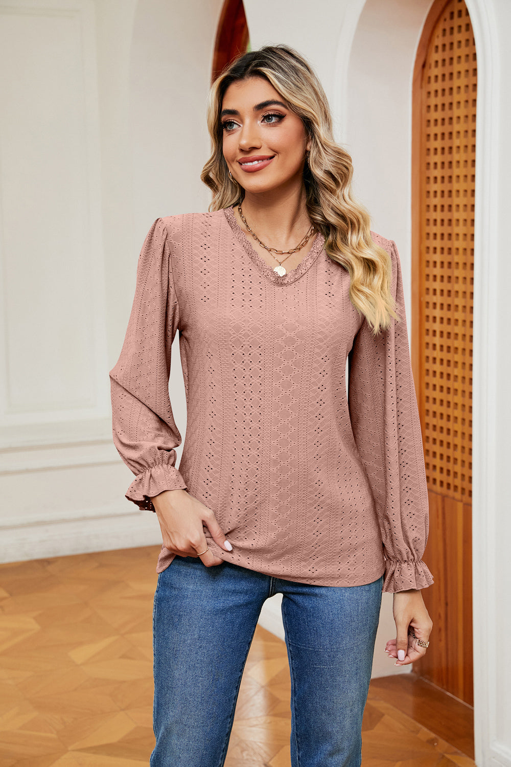 V-Neck Flounce Sleeve Blouse BLUE ZONE PLANET