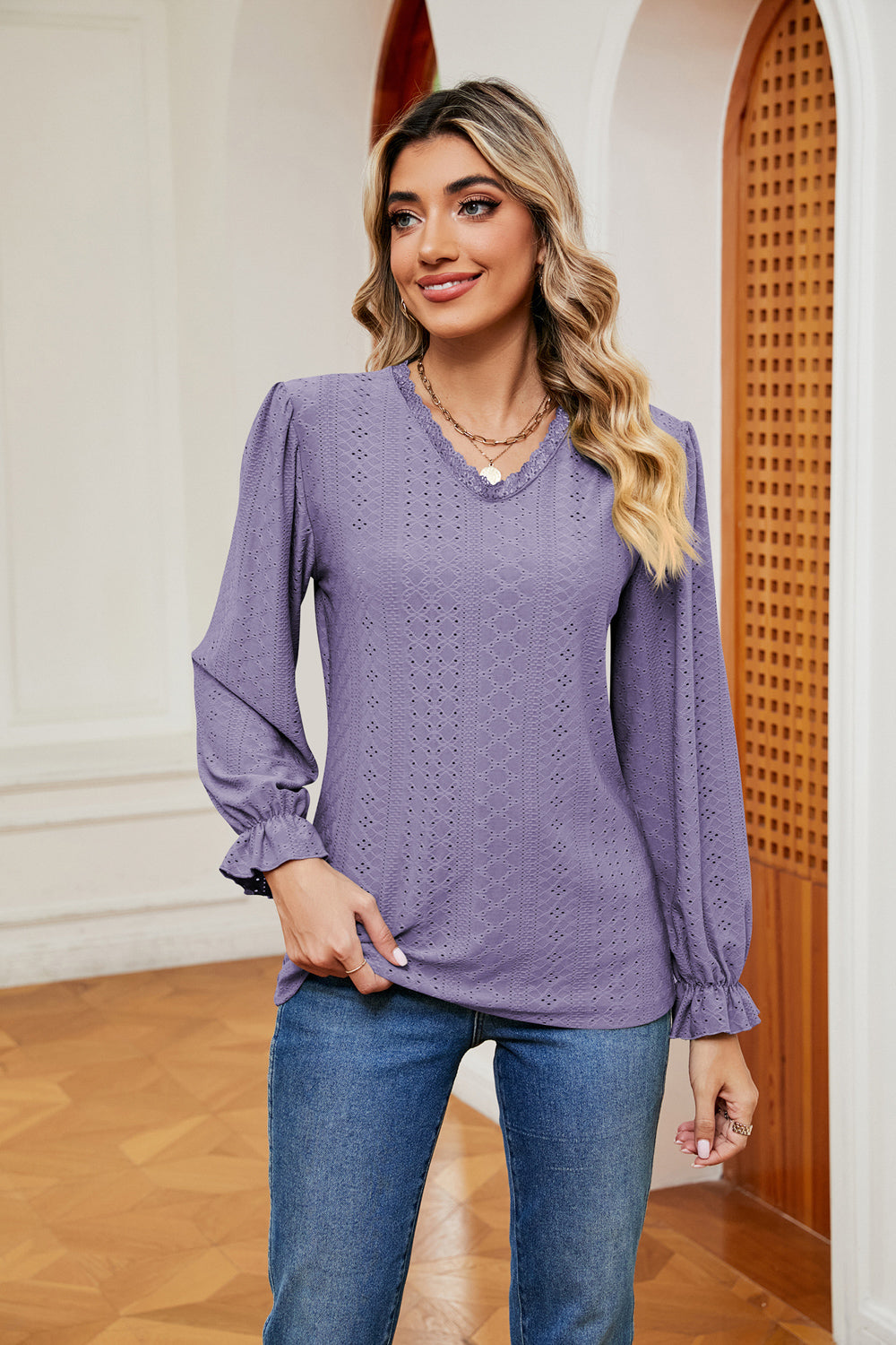 V-Neck Flounce Sleeve Blouse BLUE ZONE PLANET