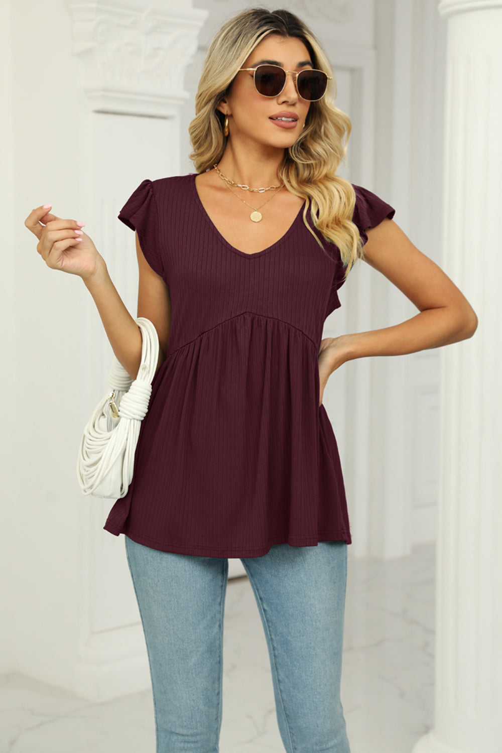 V-Neck Flutter Sleeve Babydoll Blouse BLUE ZONE PLANET