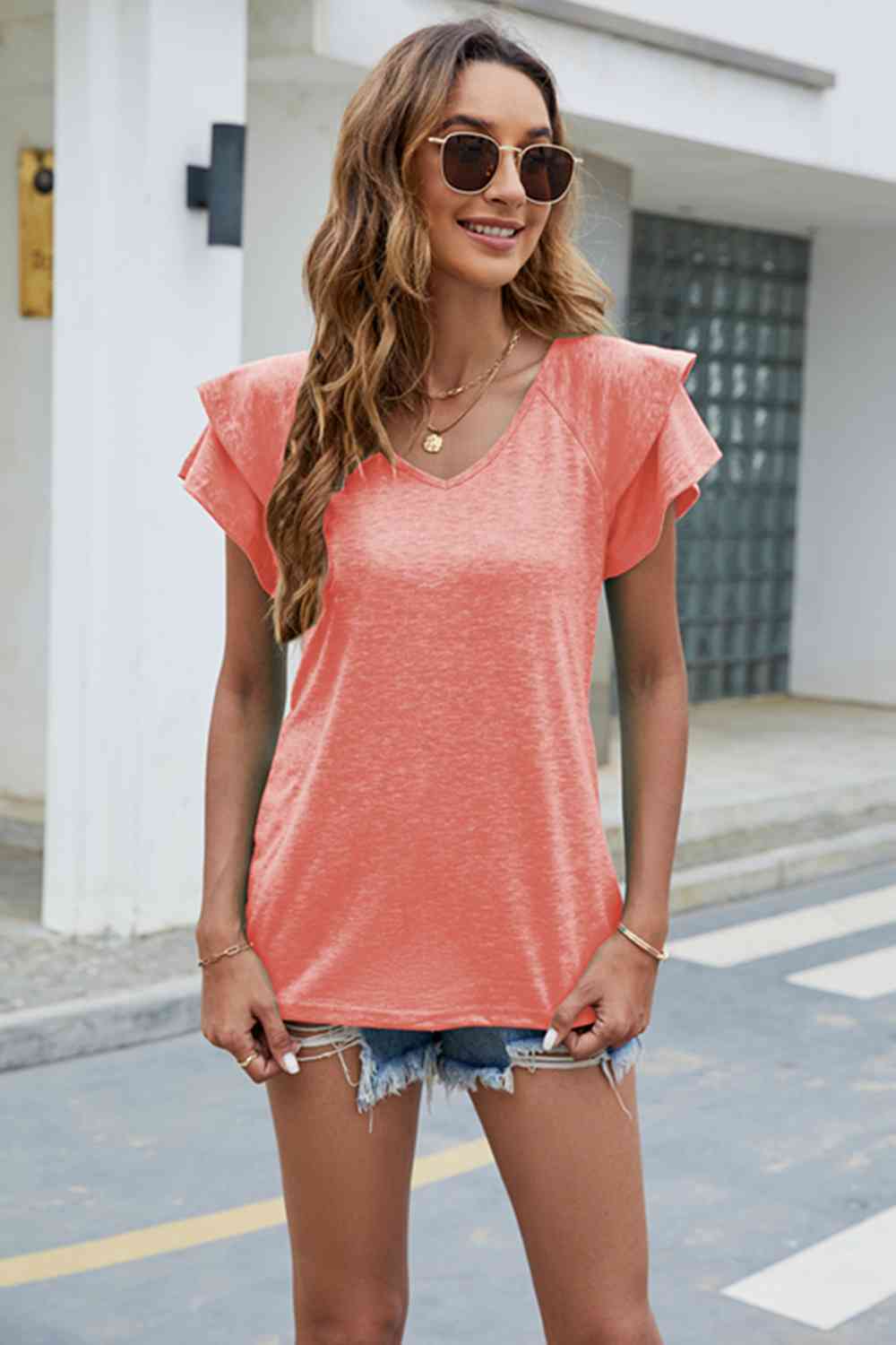 V-Neck Flutter Sleeve T-Shirt BLUE ZONE PLANET