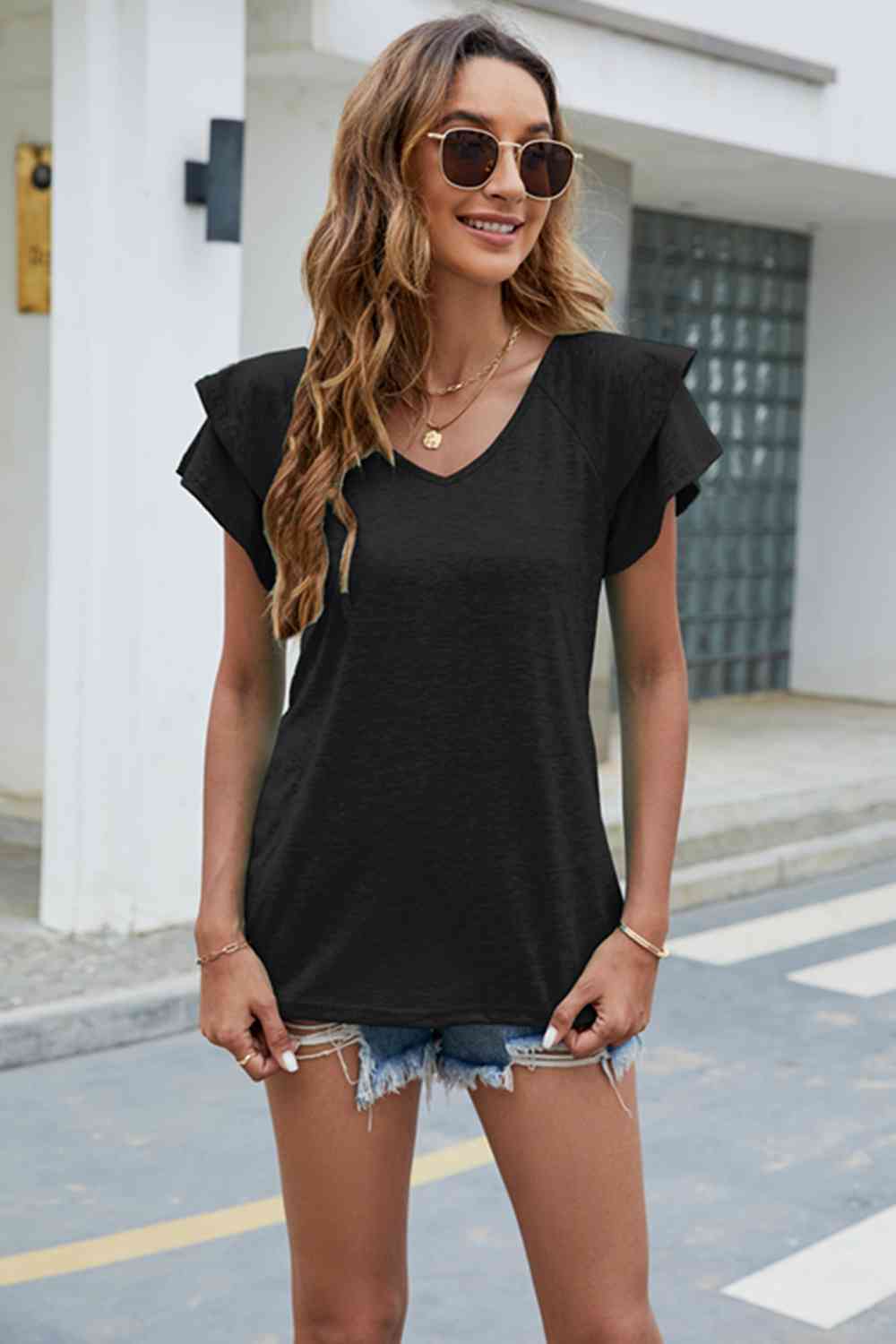 V-Neck Flutter Sleeve T-Shirt BLUE ZONE PLANET