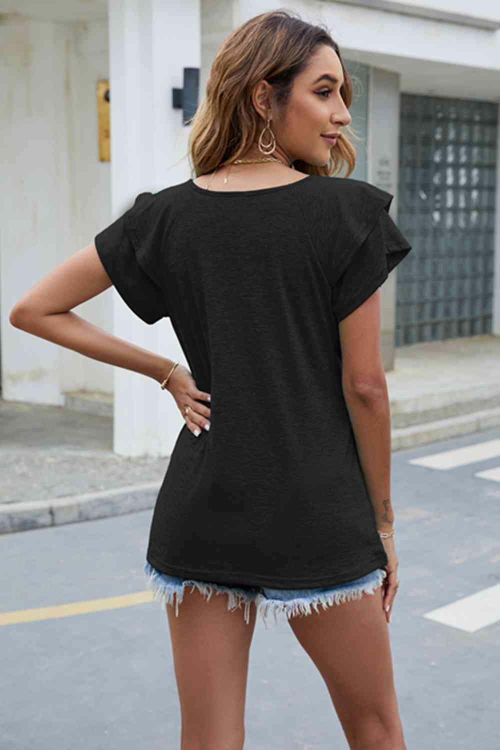 V-Neck Flutter Sleeve T-Shirt BLUE ZONE PLANET