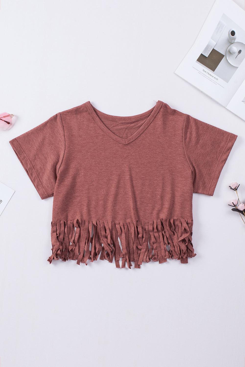 V-Neck Fringe Hem T-Shirt BLUE ZONE PLANET