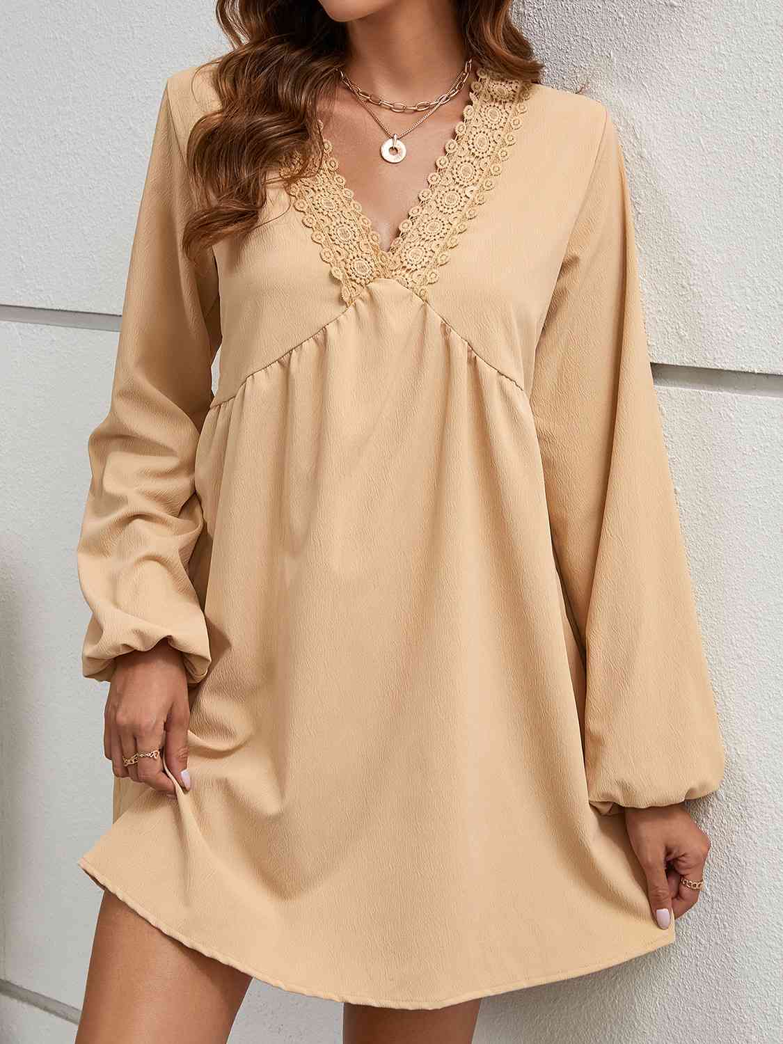 V-Neck Lace Detail Mini Dress BLUE ZONE PLANET