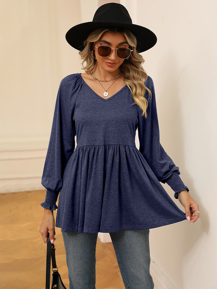 V-Neck Lantern Sleeve Blouse BLUE ZONE PLANET