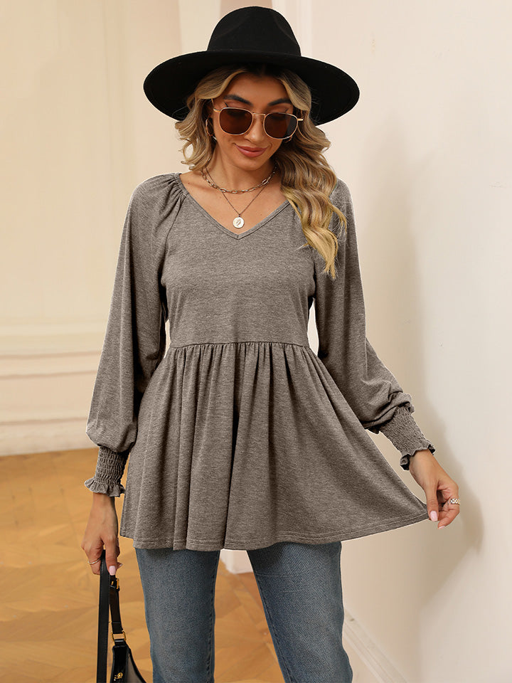V-Neck Lantern Sleeve Blouse BLUE ZONE PLANET