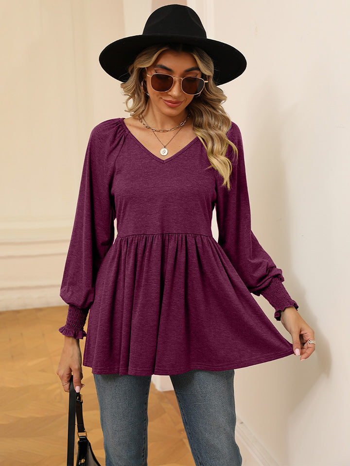 V-Neck Lantern Sleeve Blouse BLUE ZONE PLANET