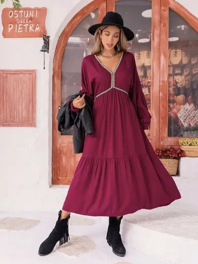 V-Neck Lantern Sleeve Ruffle Hem Dress Trendsi