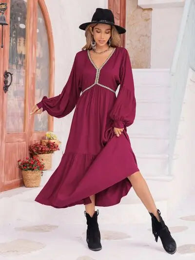 V-Neck Lantern Sleeve Ruffle Hem Dress Trendsi