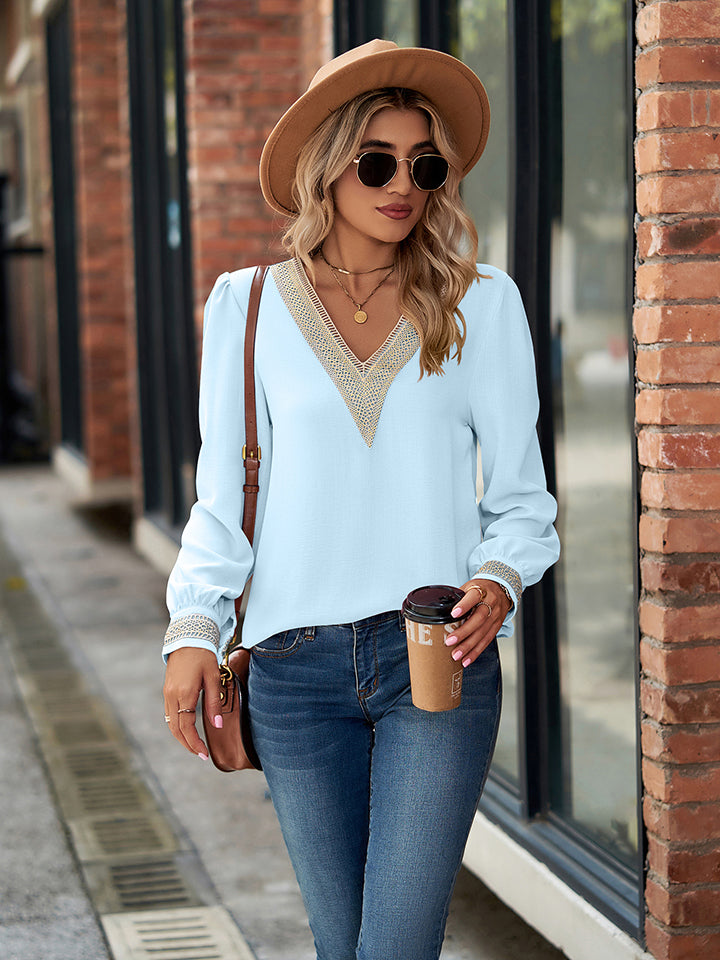 V-Neck Long Sleeve Blouse BLUE ZONE PLANET