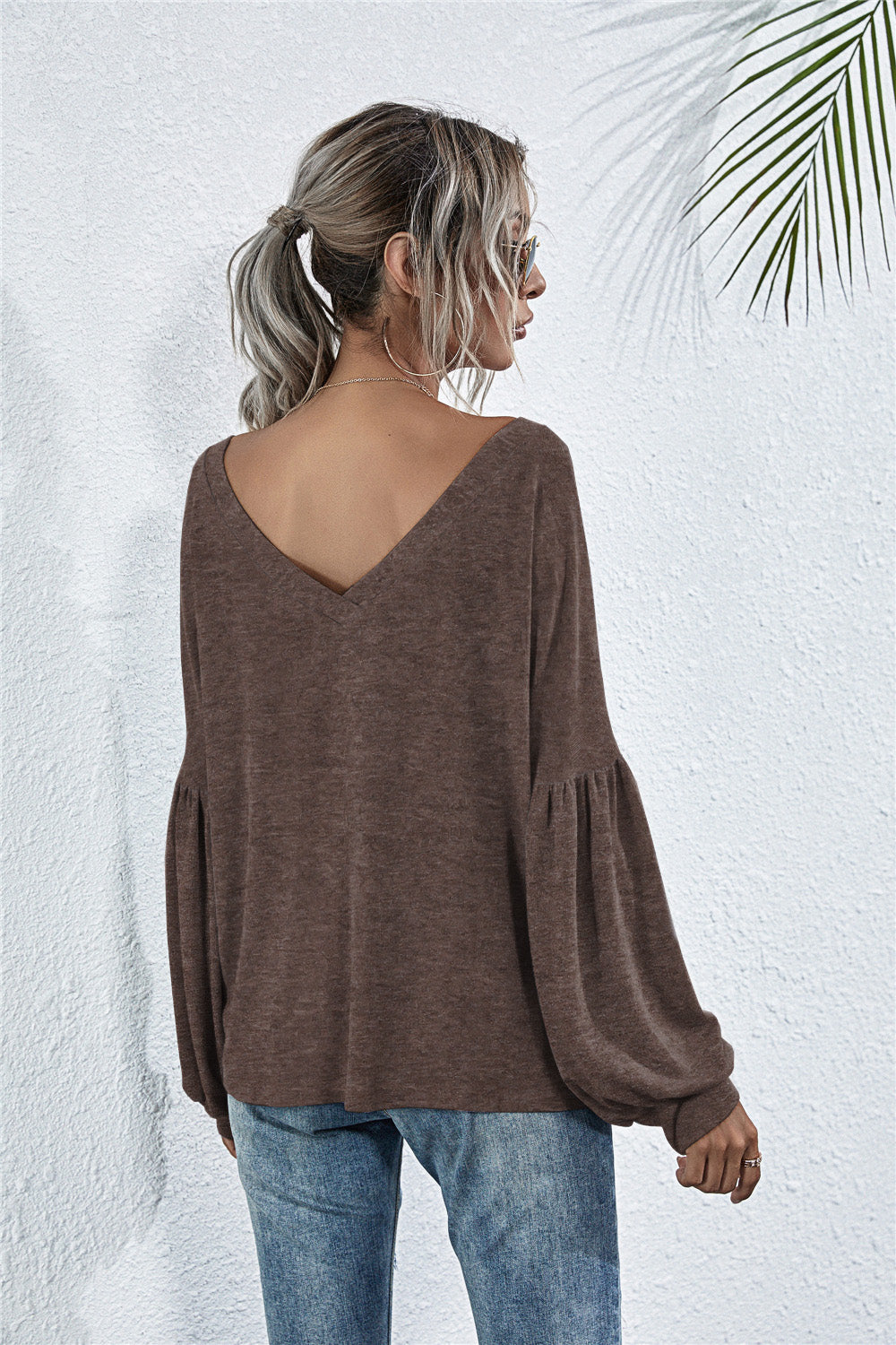 V-Neck Long Sleeve Dropped Shoulder Knit Top BLUE ZONE PLANET