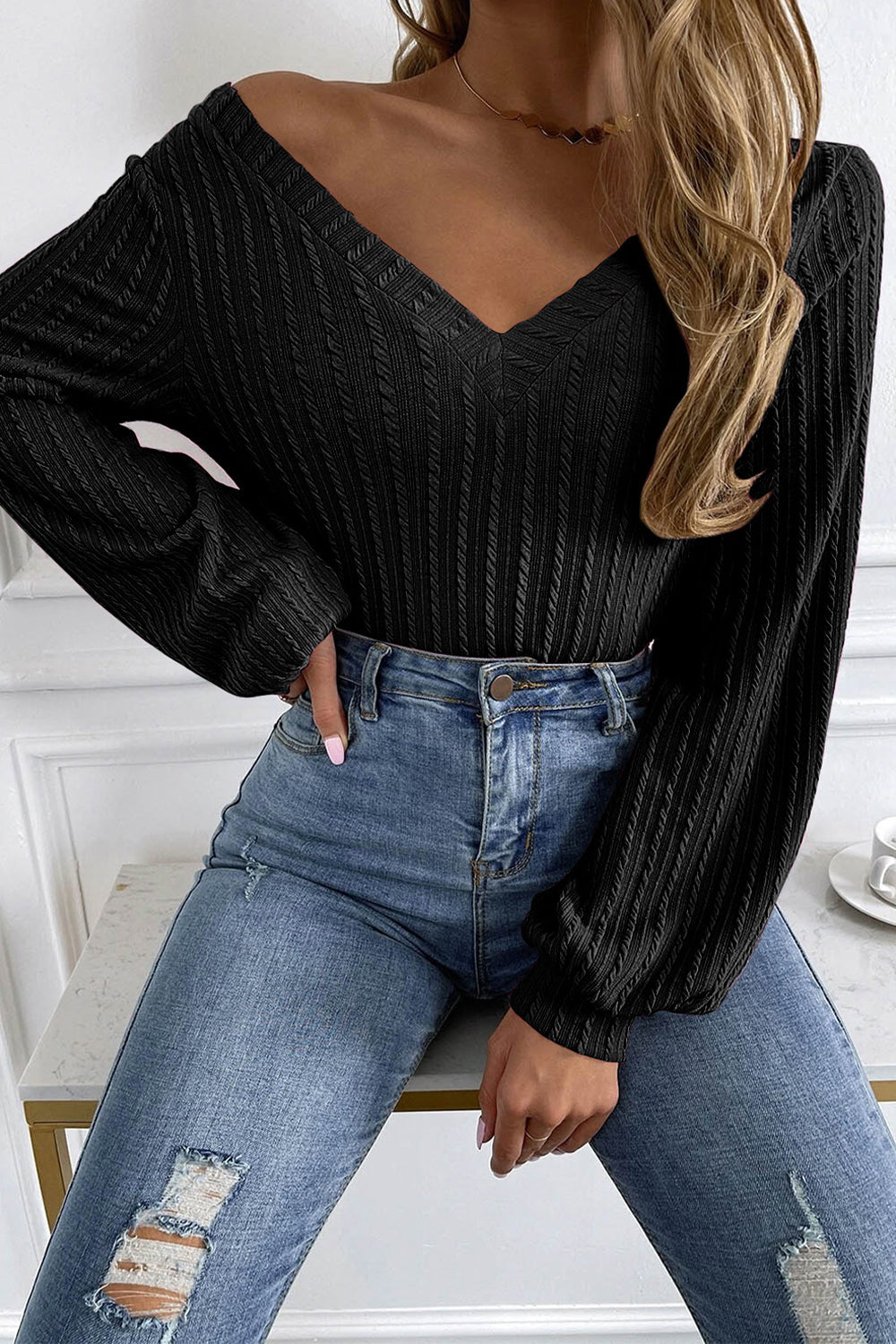 V-Neck Long Sleeve Knit Top BLUE ZONE PLANET