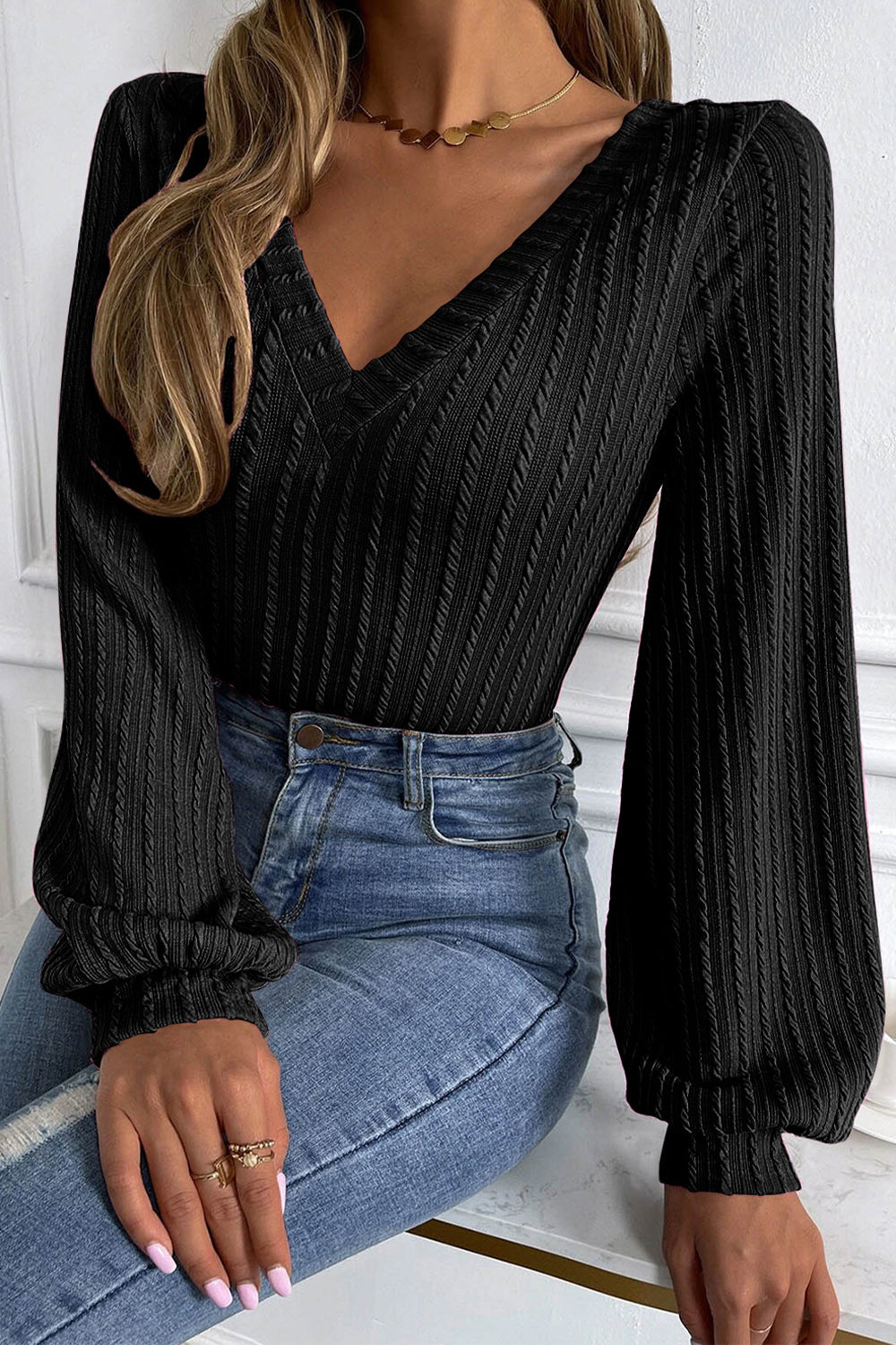 V-Neck Long Sleeve Knit Top BLUE ZONE PLANET