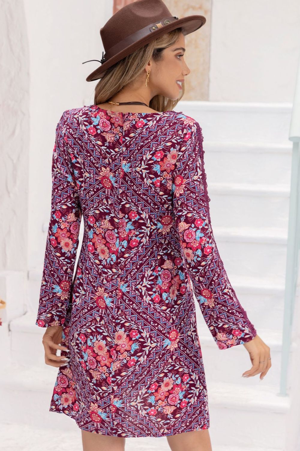 V-Neck Long Sleeve Printed Mini Dress BLUE ZONE PLANET