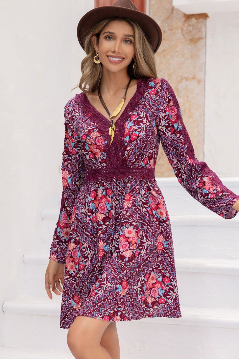 V-Neck Long Sleeve Printed Mini Dress BLUE ZONE PLANET