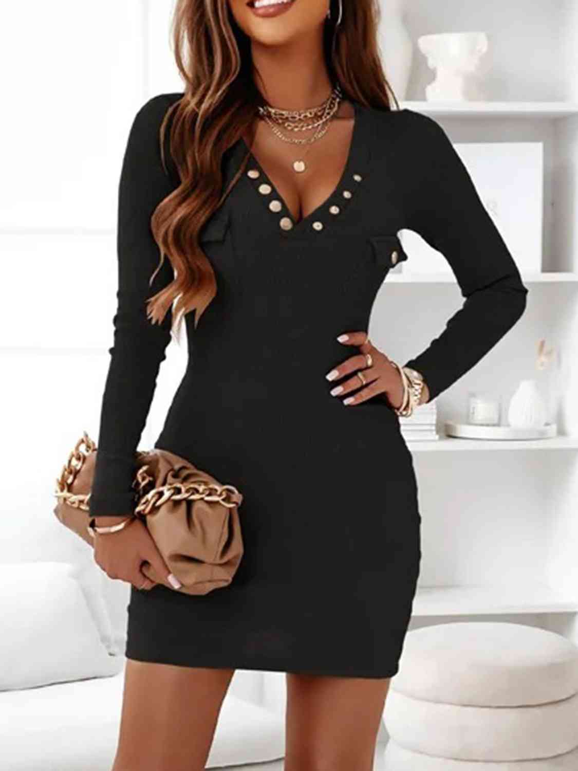 V-Neck Long Sleeve Ribbed Dress BLUE ZONE PLANET