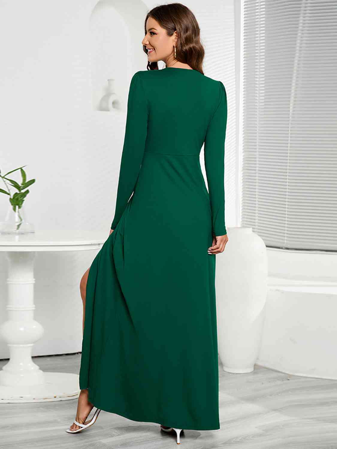 V-Neck Long Sleeve Split Dress BLUE ZONE PLANET