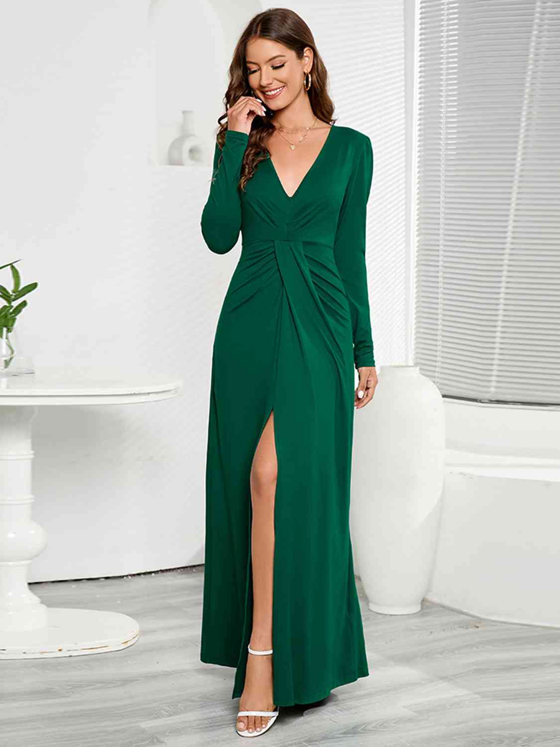 V-Neck Long Sleeve Split Dress BLUE ZONE PLANET