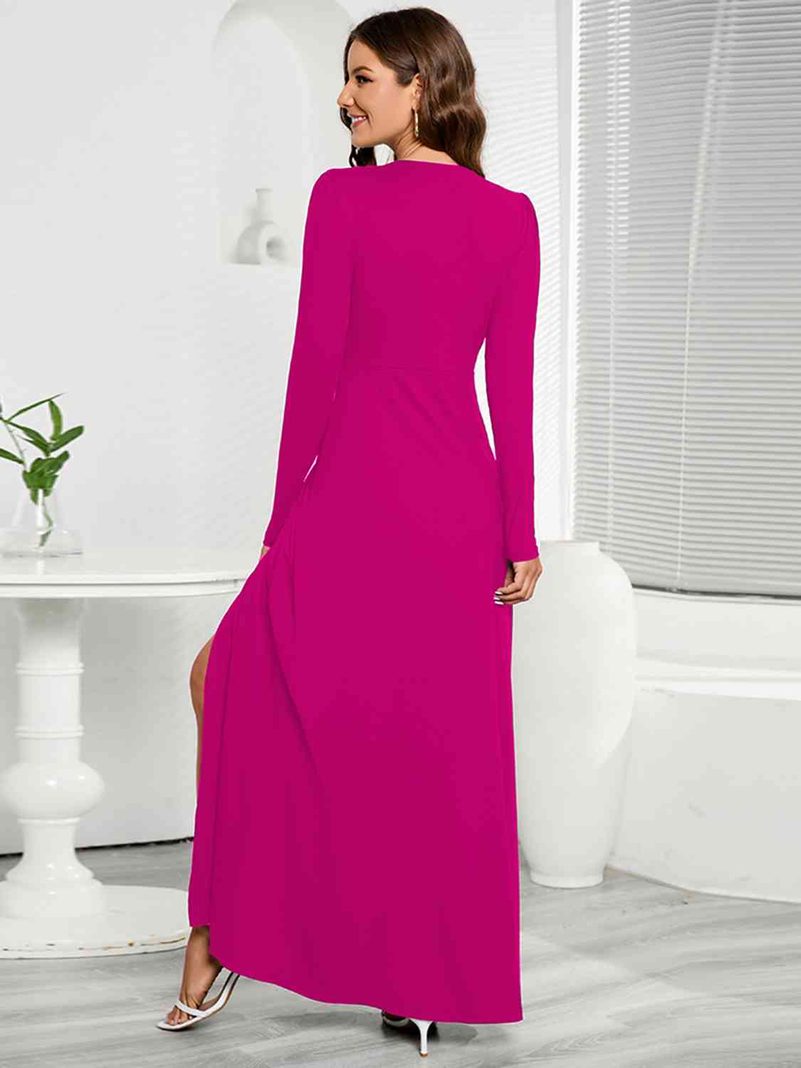 V-Neck Long Sleeve Split Dress BLUE ZONE PLANET