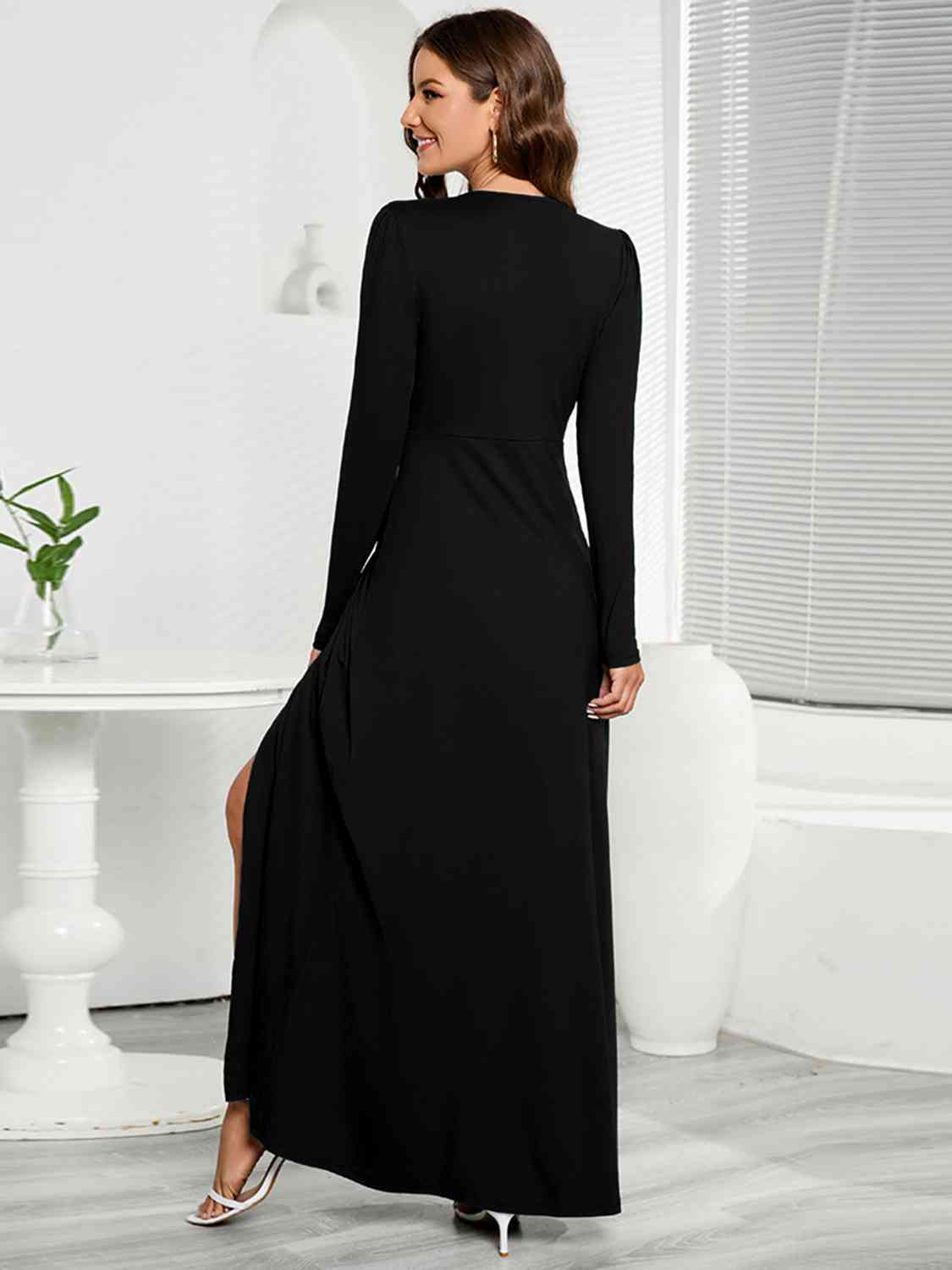 V-Neck Long Sleeve Split Dress BLUE ZONE PLANET