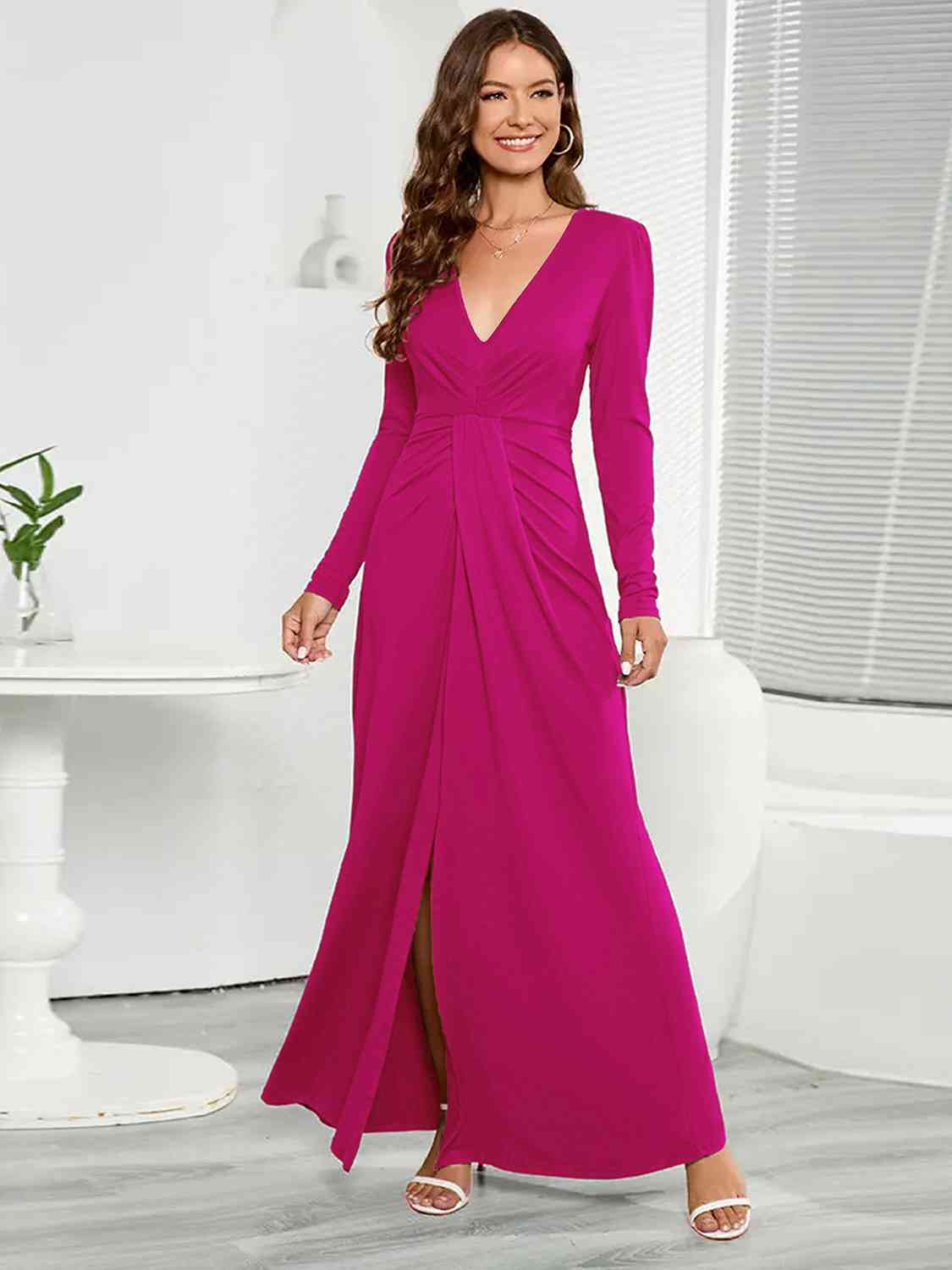 V-Neck Long Sleeve Split Dress BLUE ZONE PLANET