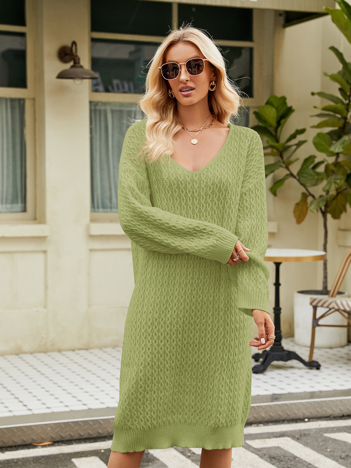 V-Neck Long Sleeve Sweater Dress BLUE ZONE PLANET