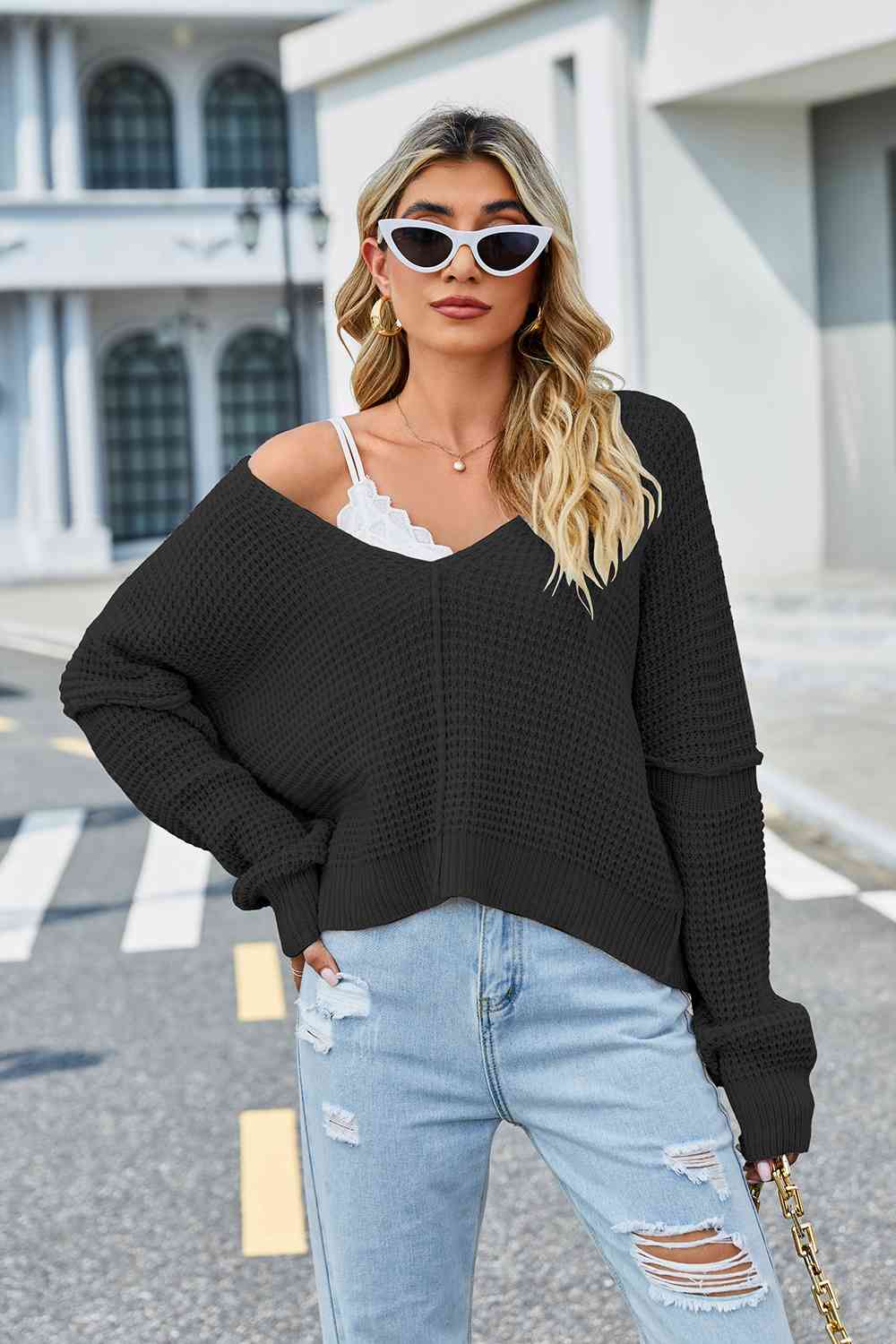 V-Neck Long Sleeve Sweater BLUE ZONE PLANET