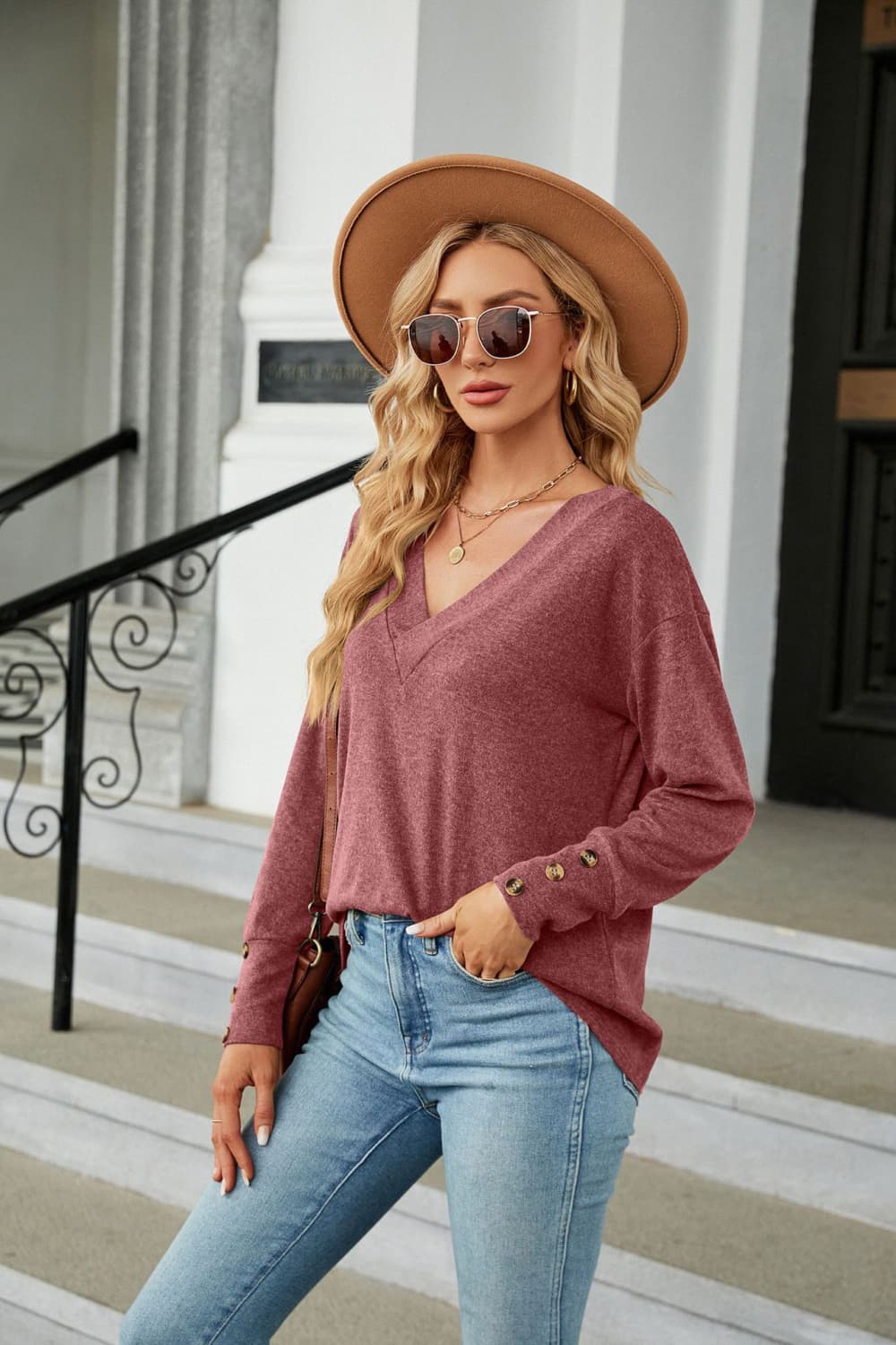 V-Neck Long Sleeve T-Shirt BLUE ZONE PLANET