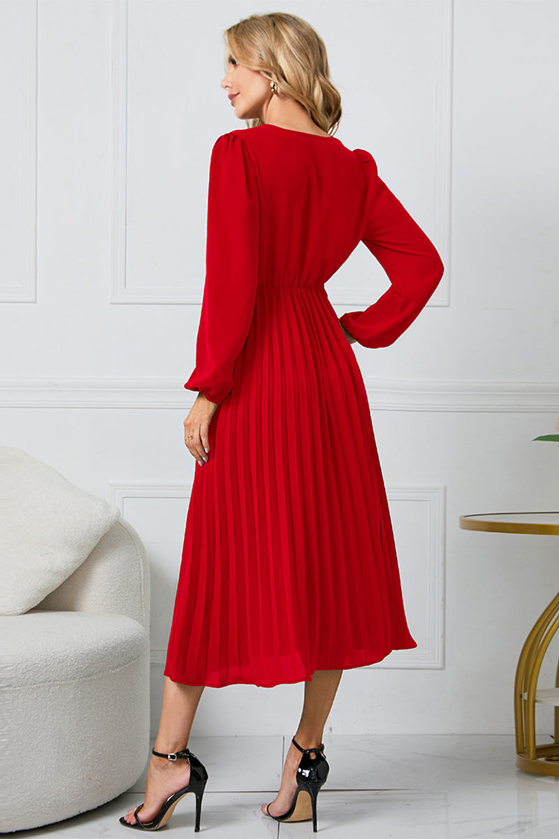 V-Neck Long Sleeve Tie Waist Midi Dress BLUE ZONE PLANET