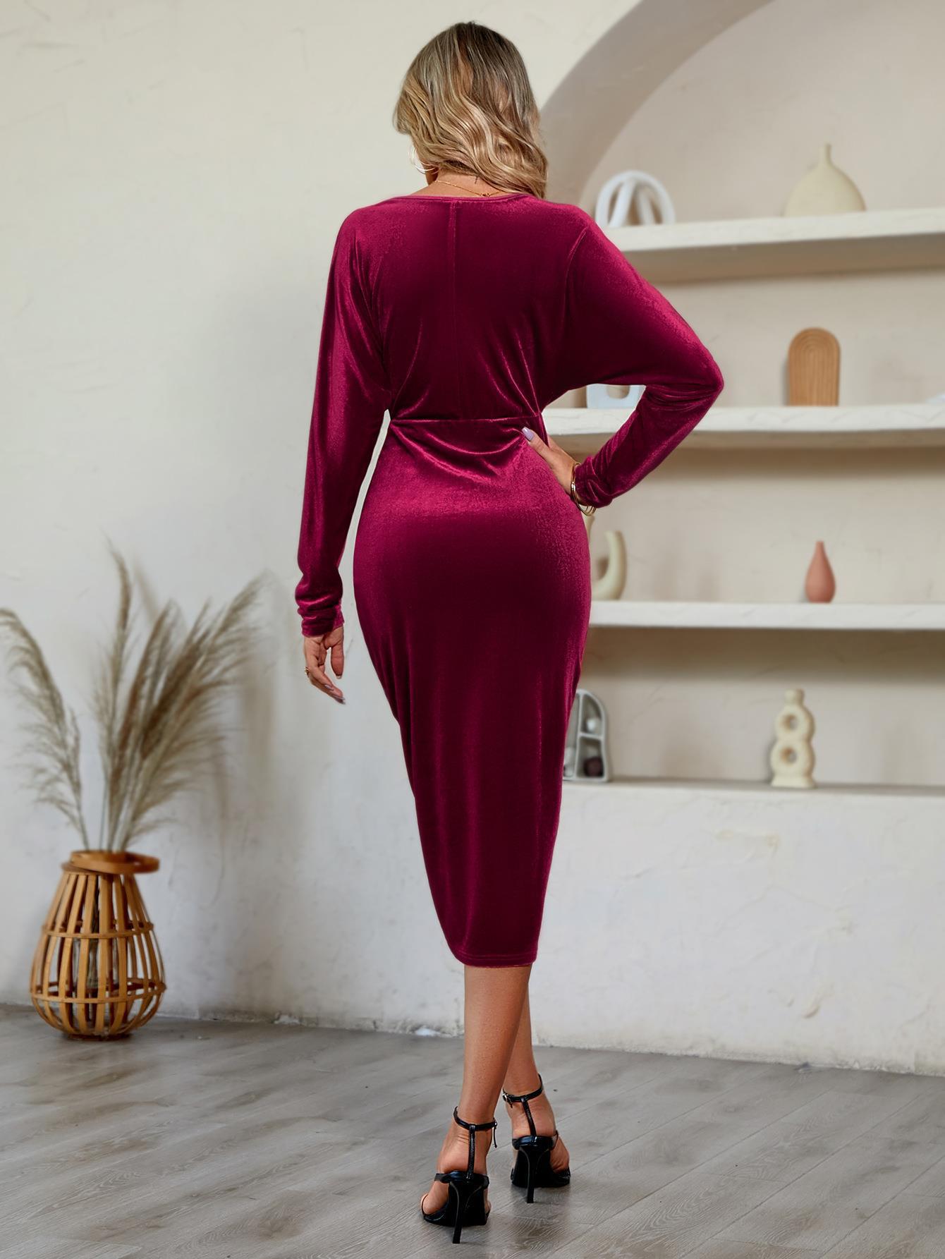 V-Neck Long Sleeve Tulip Hem Dress BLUE ZONE PLANET