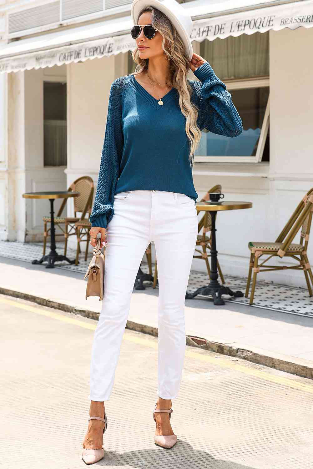 V-Neck Raglan Sleeve Knit Top BLUE ZONE PLANET