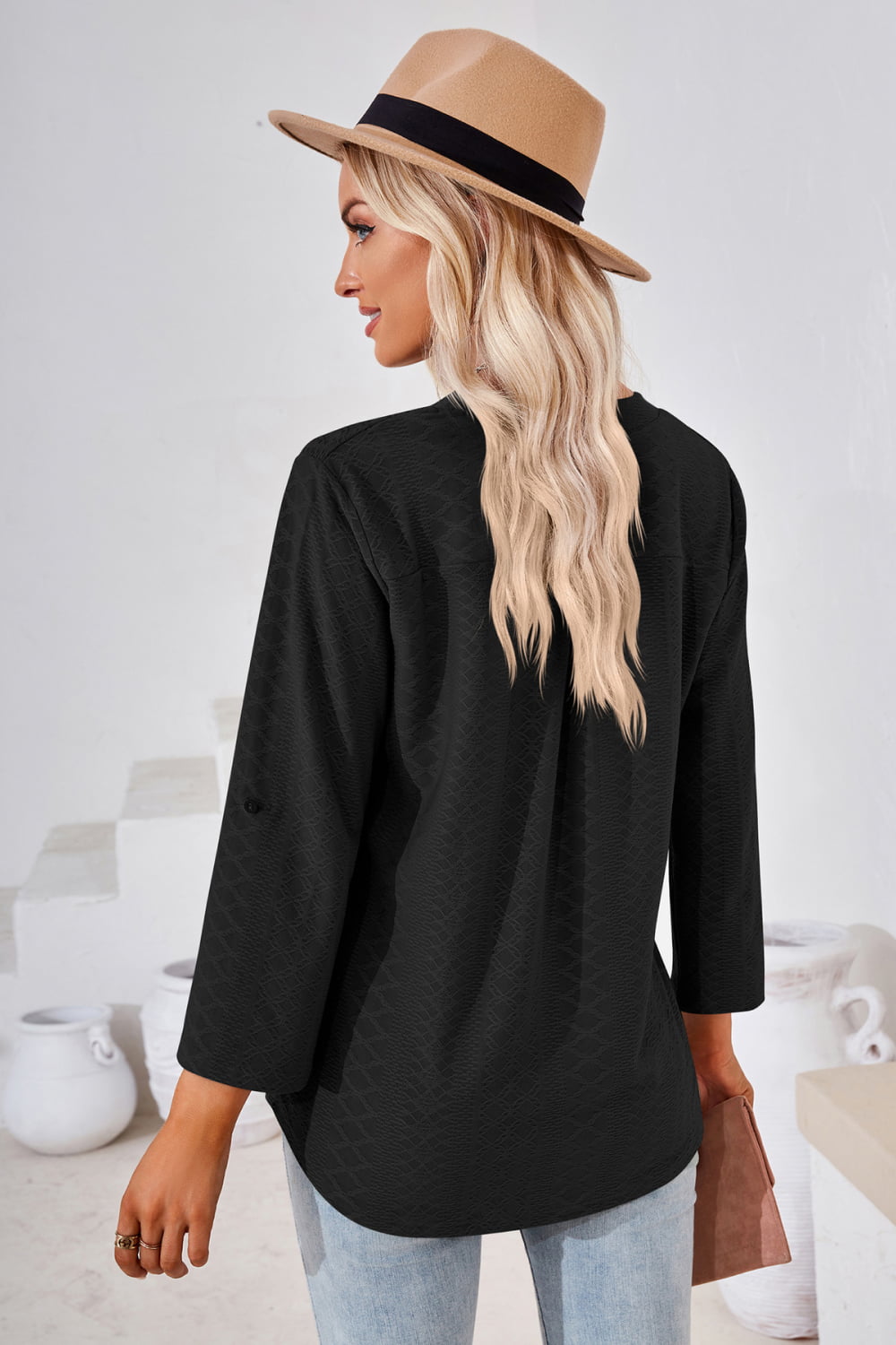 V-Neck Roll-Tap Sleeve Blouse BLUE ZONE PLANET