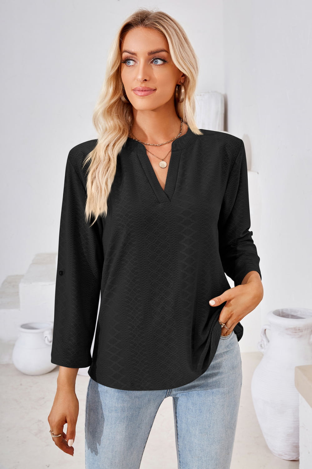 V-Neck Roll-Tap Sleeve Blouse BLUE ZONE PLANET