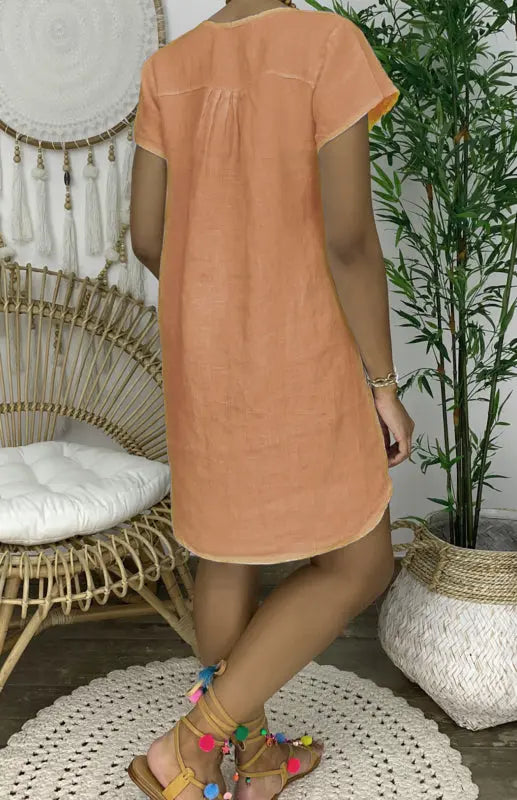 V-Neck Rolled Short Sleeve Gathered Curved Linen Dress kakaclo