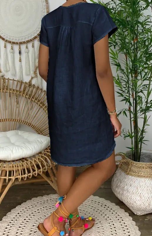 V-Neck Rolled Short Sleeve Gathered Curved Linen Dress kakaclo