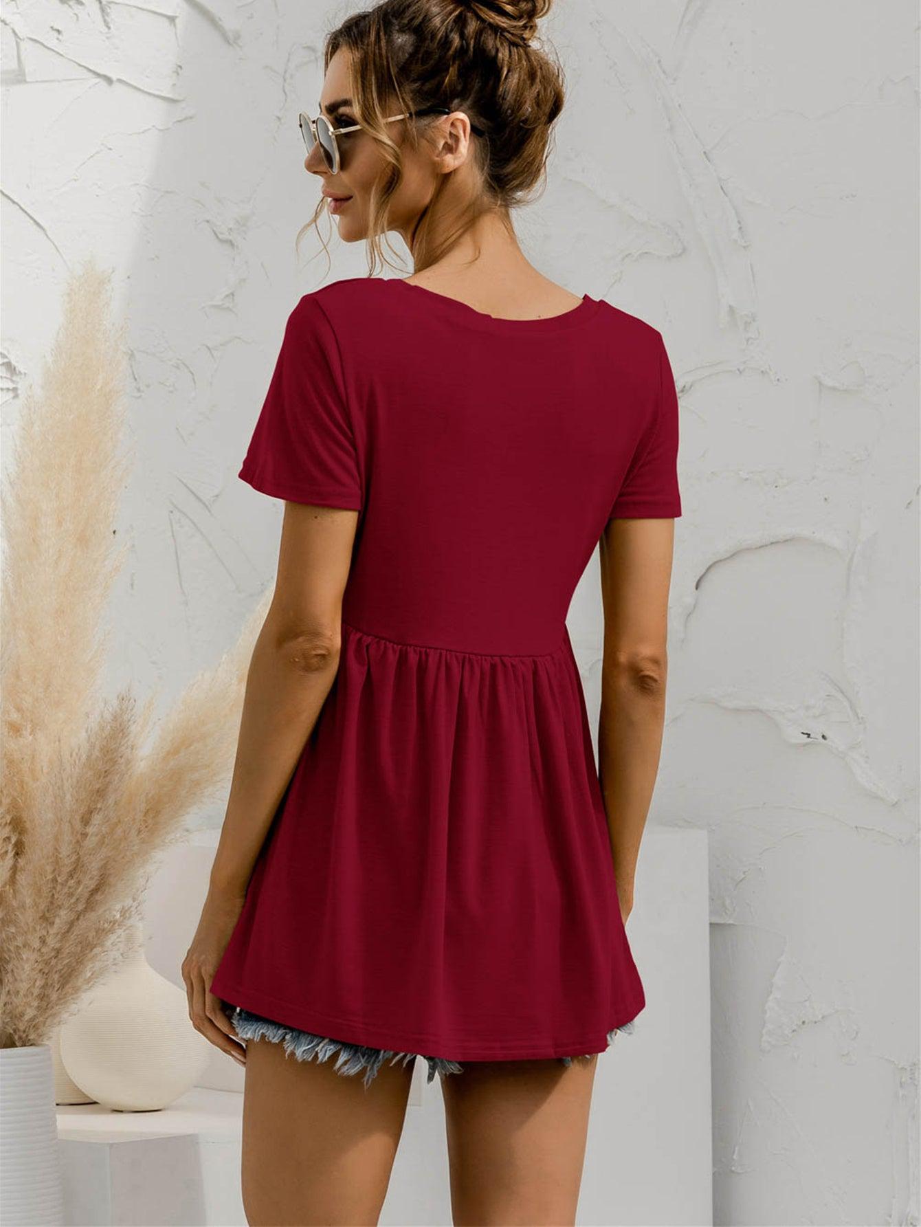 V-Neck Short Sleeve Babydoll Top BLUE ZONE PLANET