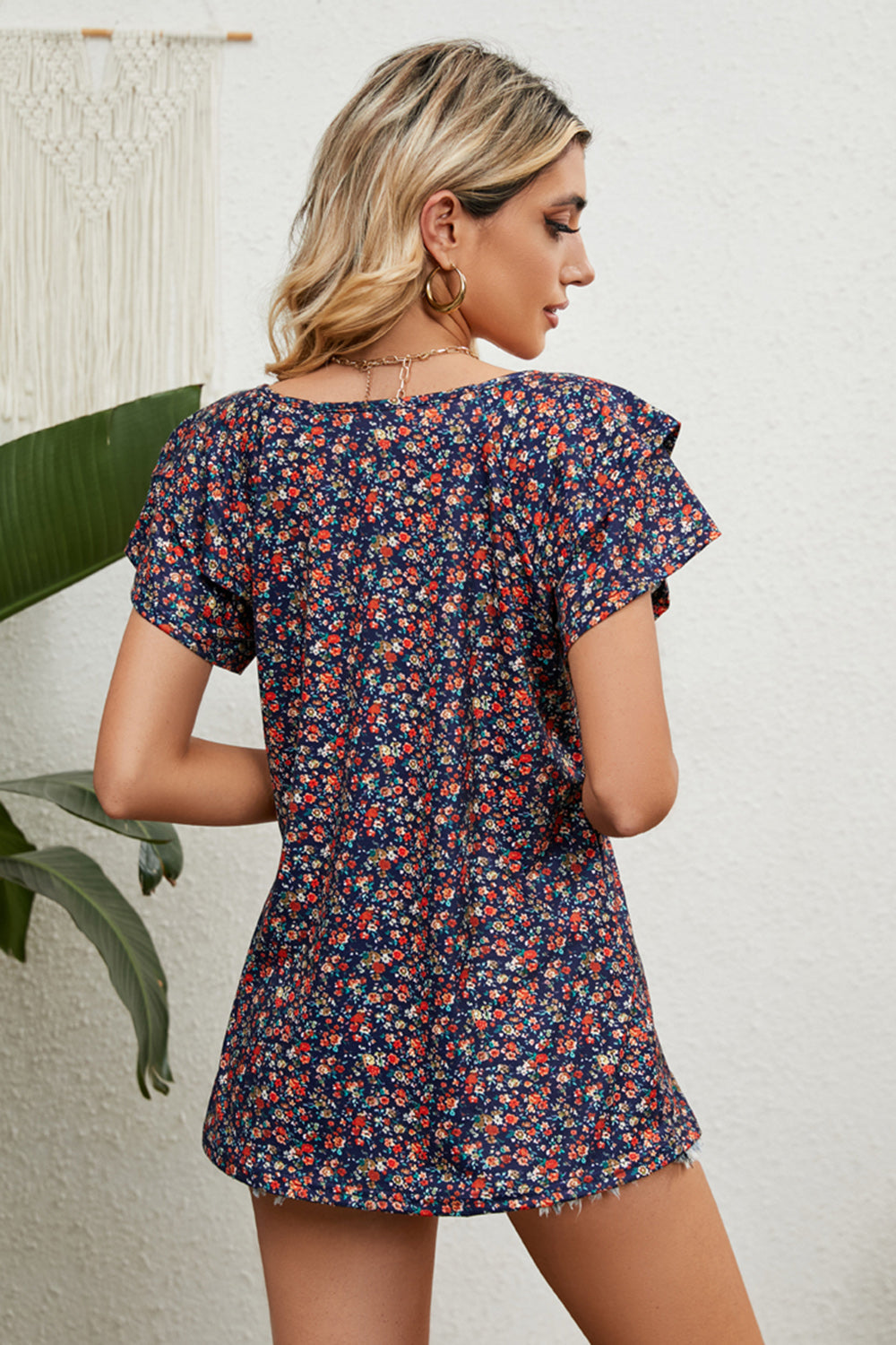 V-Neck Short Sleeve Blouse BLUE ZONE PLANET